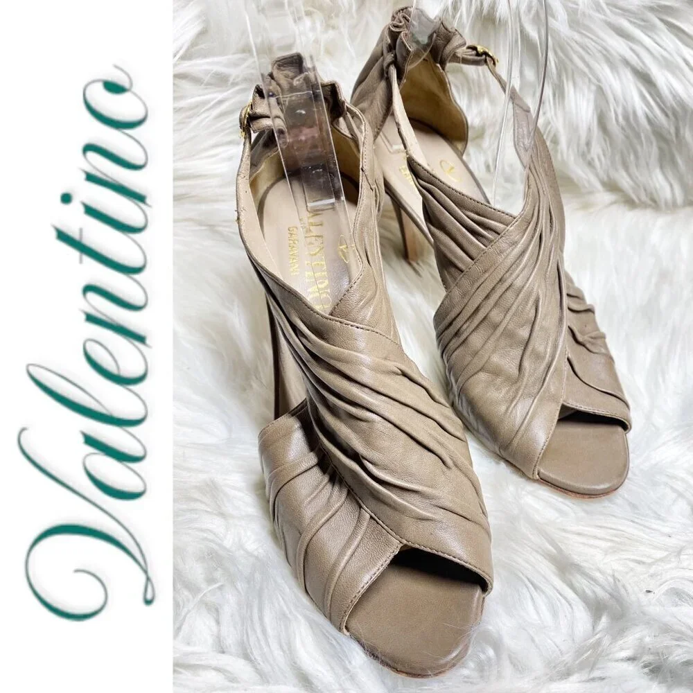 VALENTINO Vintage Taupe Leather Ruffle Accent Open Toe Stiletto Heels, Size 38.5